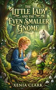 Book cover showing a young girl meeting a tiny gnome in a glowing forest