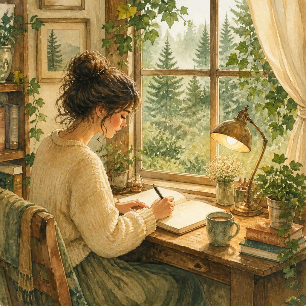 Watercolour scene of a writer at a window desk with a forest outside