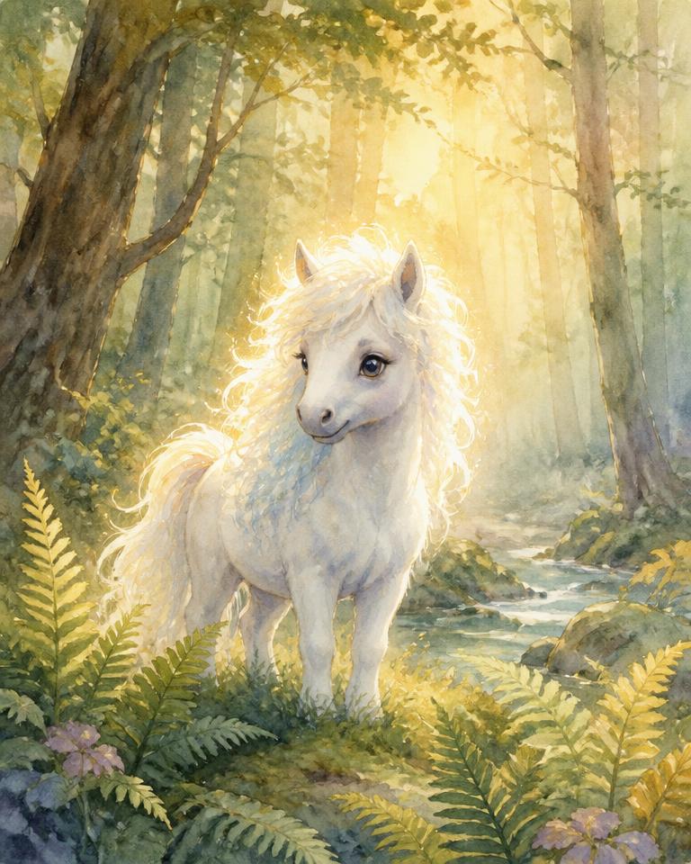 Watercolour illustration of Cloud, a small white magical pony in a forest clearing