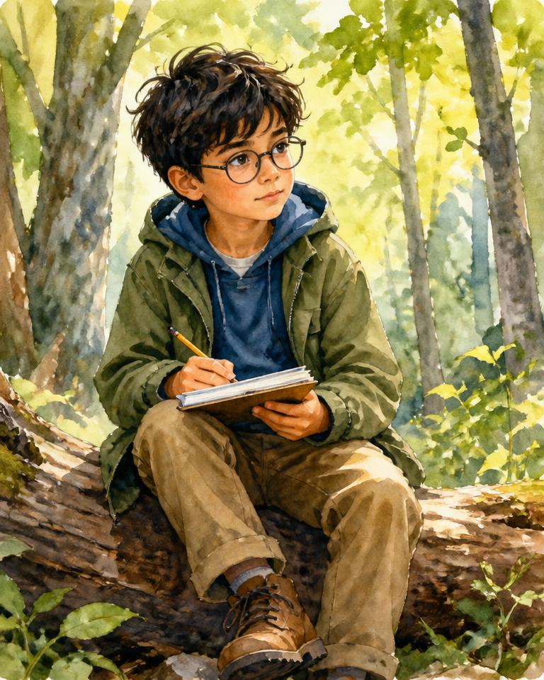 Watercolour illustration of Simon writing notes on a fallen log