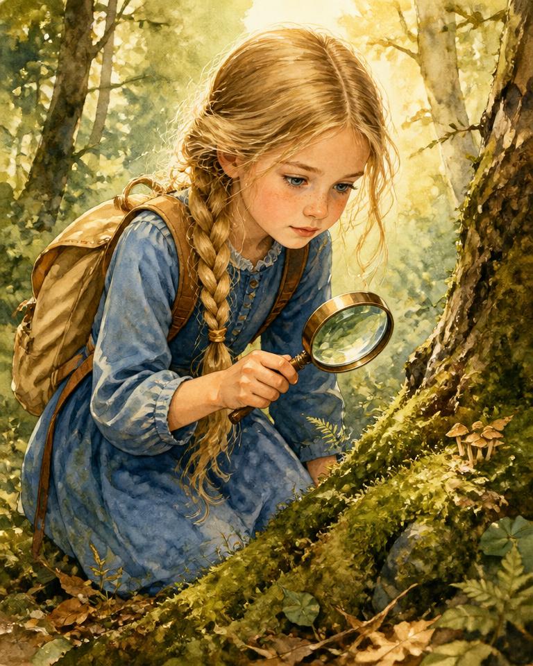 Watercolour illustration of Sophie, a young girl studying moss with a magnifying glass