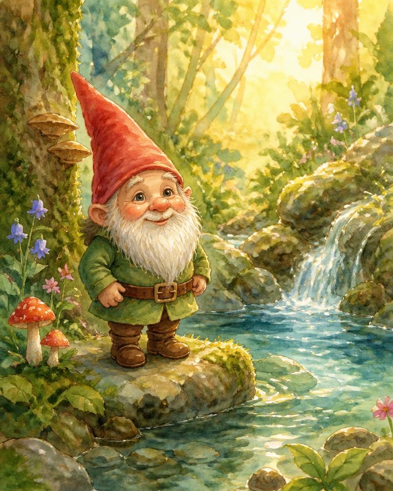 Watercolour illustration of Gnome Tom standing beside a forest spring
