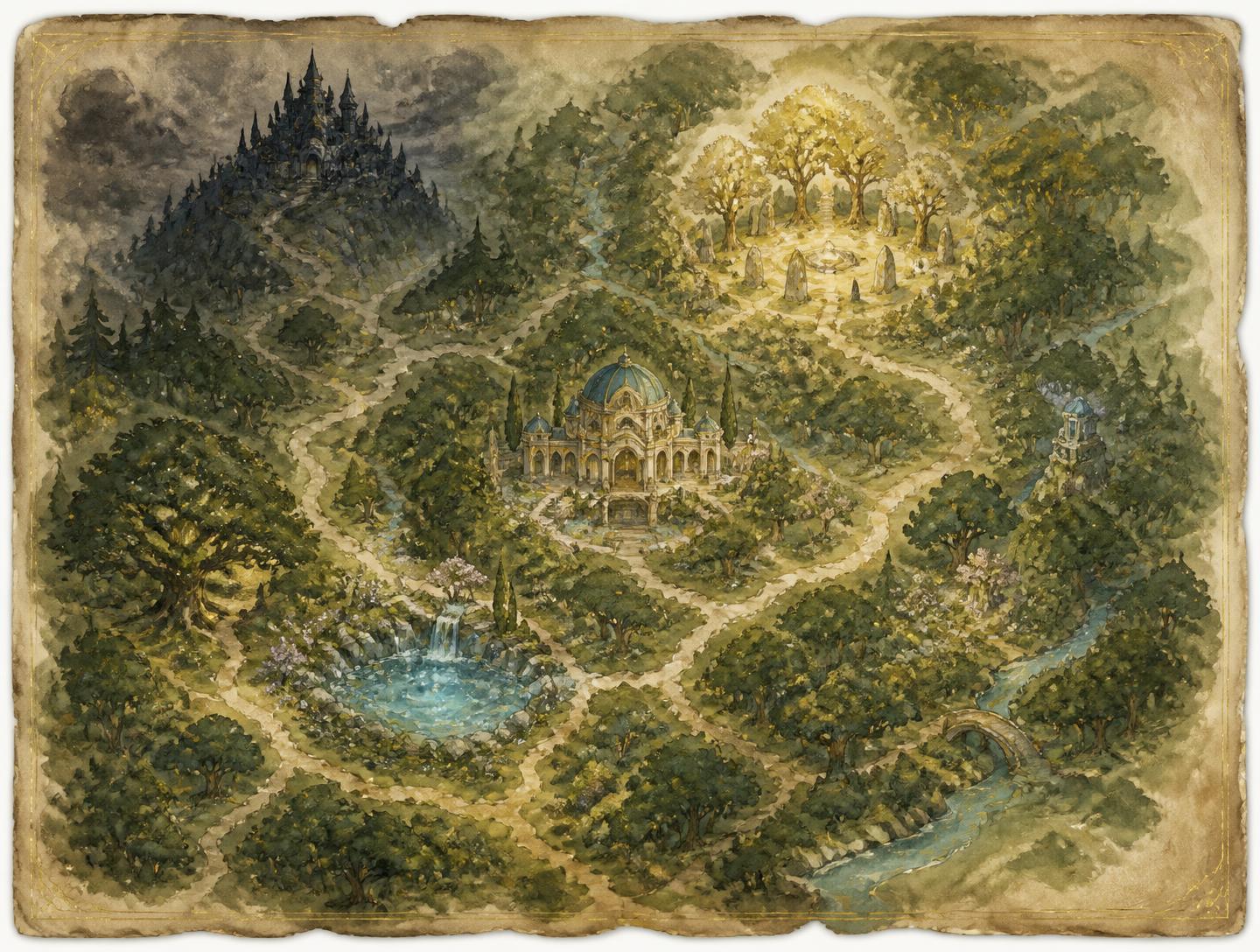 Hand painted map of the enchanted forest with springs, a gallery, a solstice grove and a gloomy palace