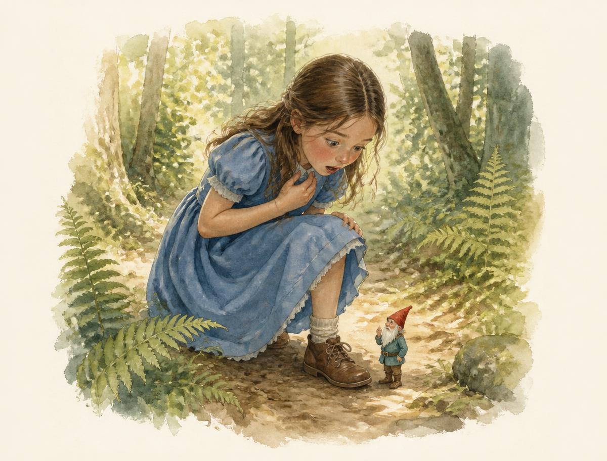 Sophie kneeling on a forest path, startled by a tiny gnome beside her boot
