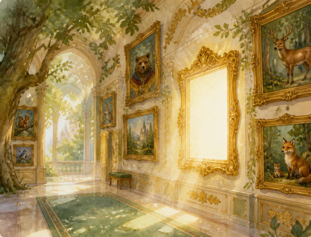 A gallery of forest paintings with one glowing empty golden frame